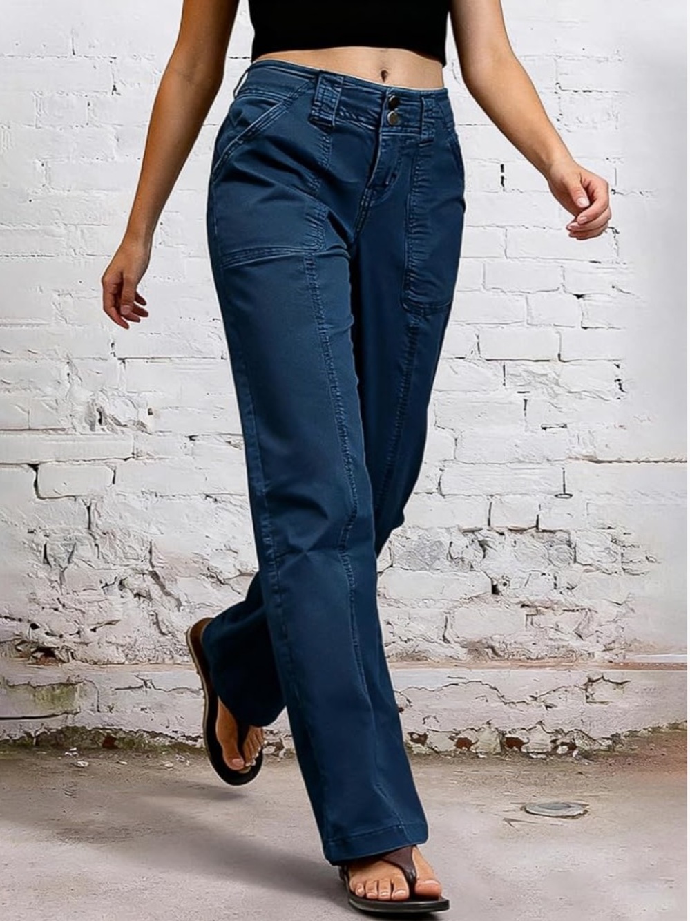 Flamingals Mid Rise Straight Leg Solid Seam Front Flap Pocket Pants Navy Med NWT - Picture 4 of 7